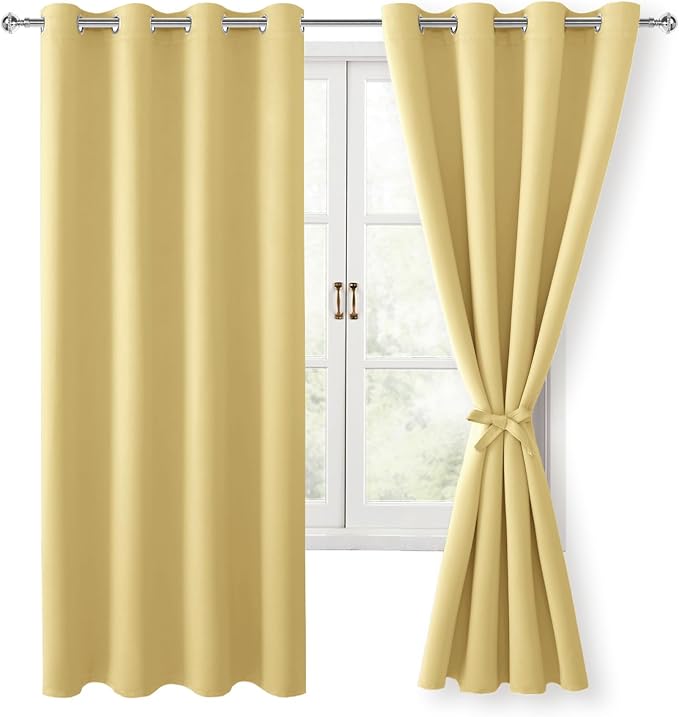 Hiasan Blackout Curtains for Bedroom, 52 x 63 Inches Length - Thermal Insulated & Energy Saving Window Curtains for Living Room, 2 Drape Panels Sewn with Tiebacks, Light Yellow