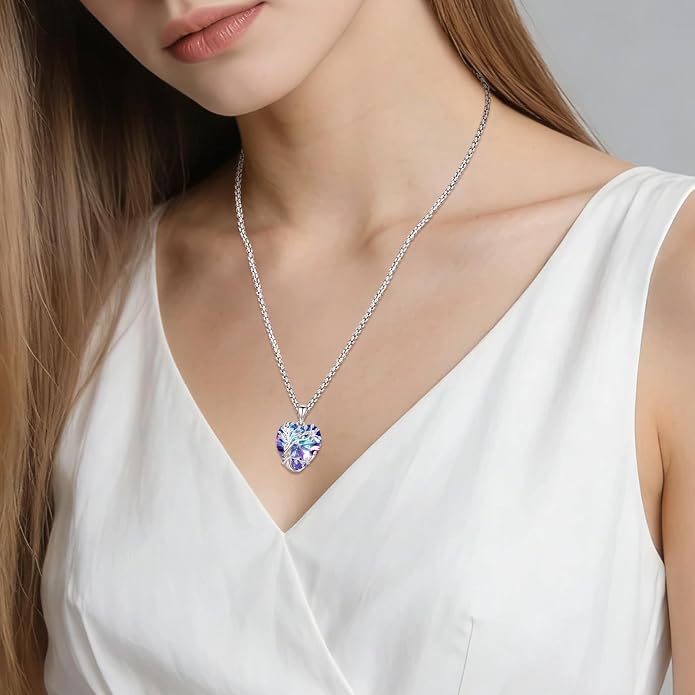 Eusense Tree of Life Necklace for Women White Gold Plated Copper Moonstone/Turquoise/Black Onyx/Crystal Birthstone Pendant Jewelry Gifts for Women Men