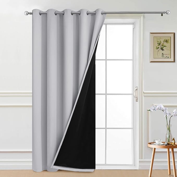 Yakamok Light Grey Blackout Patio Door Curtain Panels W70 x L84, 1 Panel | Noise Reducing Barrier Panel for Sliding Glass Door, 2 Thick Layers Heat Full Light Blocking Patio Door Drapery