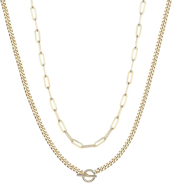 PAVOI 14K Gold Plated Dainty Layering Necklaces for Women | Snake Chain, Curb Link, Paperclip Layered Chains | Trendy Layering Necklace