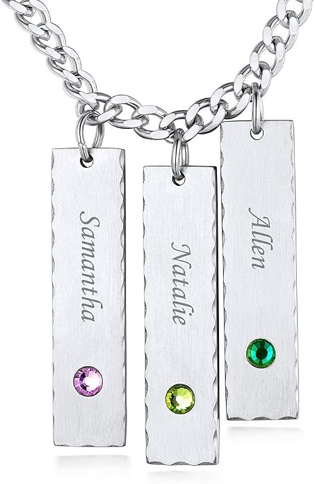 Custom4U Personalized Birthstone Bar Necklaces for Women, Custom Handmade Silver/Black/Gold Vertical Bar Pendants with 1-3 Names Engraved,Unique Memorial Necklace for Her