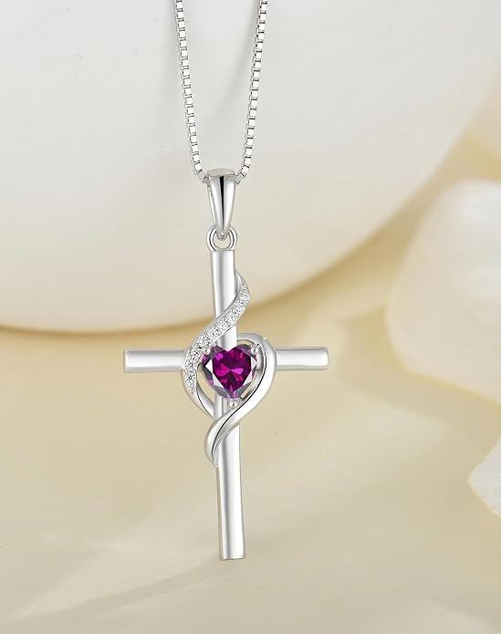 Cross Necklace 925 Sterling Silver Infinity Pendant Heart Birthstone Anniversary Jewelry for Women