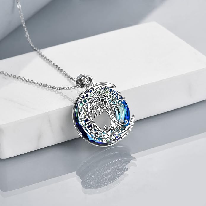 Tree of Life Necklaces S925 Sterling Silver Crystal Tree of Life Pendant Necklace Celtic Knot Moon Tree of Life Jewelry for Women Gifts
