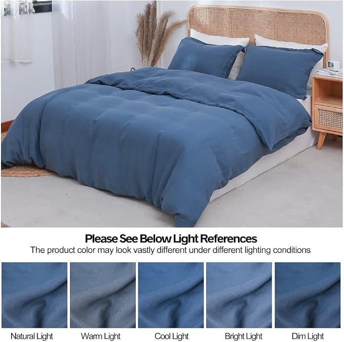 Simple&Opulence 100% Linen Duvet Cover Set 2pcs Basic Style Natural French Washed Flax Solid Color Soft Breathable Farmhouse Bedding with Button Closure - Classic Blue, Twin