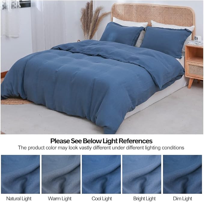 Simple&Opulence 100% Linen Duvet Cover Set 3pcs Basic Style Natural French Washed Flax Solid Color Soft Breathable Farmhouse Bedding with Button Closure - Classic Blue, Full
