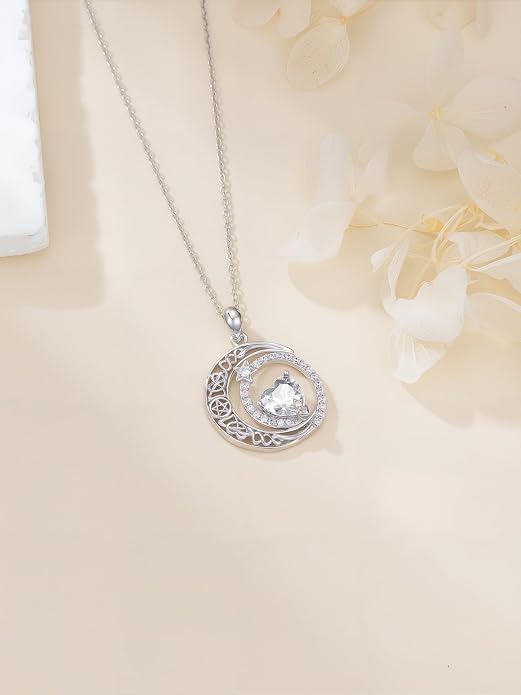 Dorunmo Heart Birthstone Necklace for Women 925 Sterling Silver Moon and Star Pendant Birthday Jewelry Gifts for Wife Her Daughter Mom