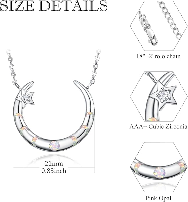 Palpitate Moon Star Necklace Moon Phase Necklace Pendant 925 Sterling Silver Jewelry Christmas Gifts for Women Wife Her Adjustable Chain