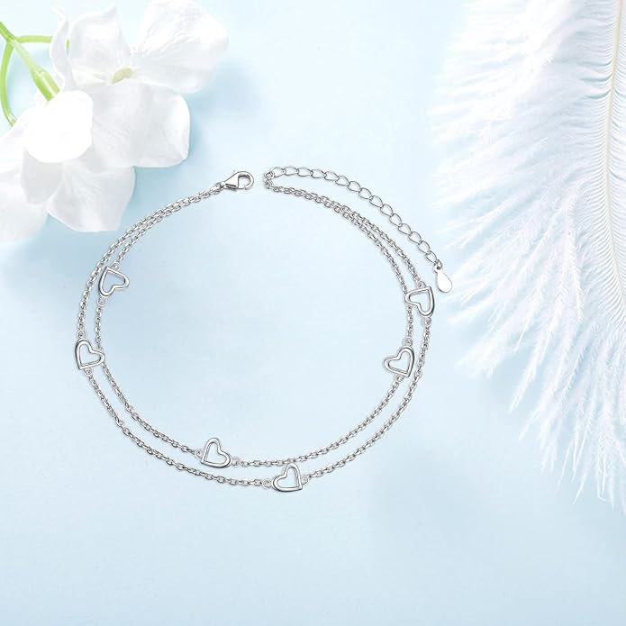 Flyow Anklet for Women S925 Sterling Silver Adjustable Foot Beaded Heart Charm Ankle Bracelet Anklets Jewelry