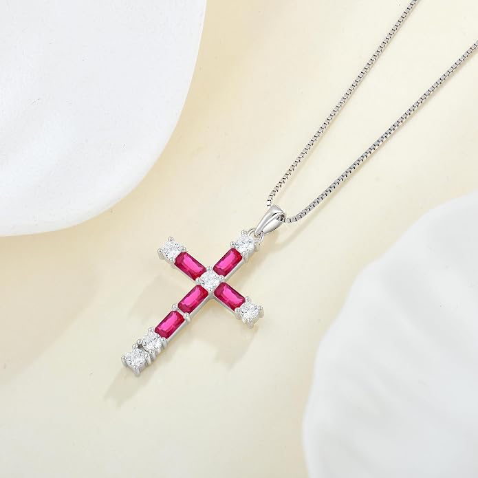 Birthstone Cross Necklace for Women 925 Sterling Silver Christian Religious Crucifix Pendant Rectangular Cut Birthstone Jewelry Gifts for Her
