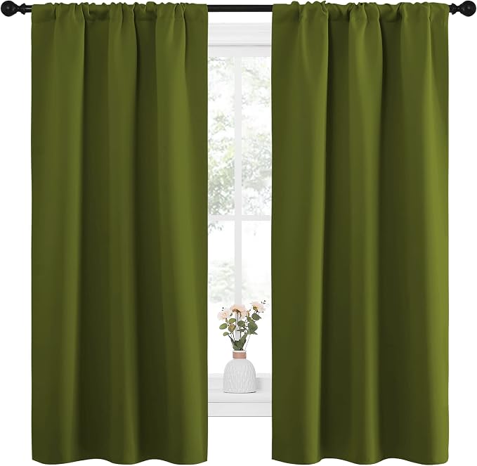 NICETOWN Bedroom Curtains Draperies with Rod Pocket, Nursery Essential Thermal Insulated Blackout Curtain Panels for Small Window (Olive Green, 1 Pair, 34 x 63)
