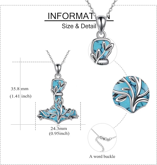 Thor Hammer Necklace 925 Sterling Silver Mjolnir Tree of Life Pendant Necklace Viking Vegvisir Jewelry for Women wife Mom