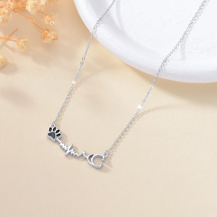 Birthstone Veterinary Stethoscope Necklace 925 Sterling Silver Nurse Vet Pendant with Dog Paw Nurse Jewelry Gifts for Veterinarian Nurse Women Veterinarian Gifts