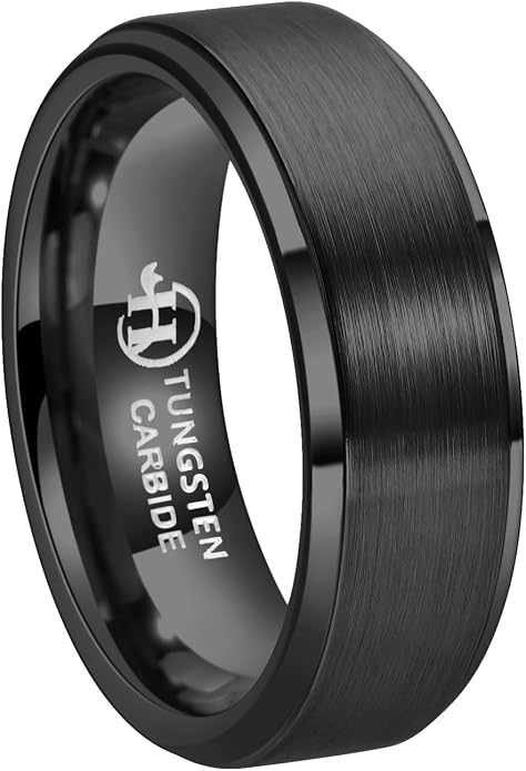 Hioleegi Mens Wedding Bands Tungsten Carbide Rings Basic 8mm Black Matt Classic, Anti-Scracth and Durable for All Occasions to Wear, Beveled Polished Edge Comfortable Fit