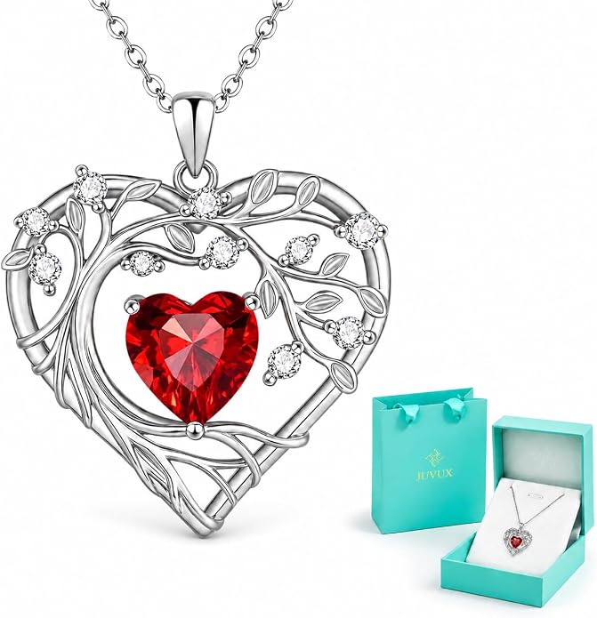 Tree of Life Birthstone Pendant Necklace - 925 Sterling Silver Heart Cubic Zirconia Diamond Women Pendant Necklaces for Her Daughter Girlfriend Birthday Gift Ideas for Wife Mom for Valentines Day