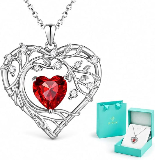 Tree of Life Birthstone Pendant Necklace - 925 Sterling Silver Heart Cubic Zirconia Diamond Women Pendant Necklaces for Her Daughter Girlfriend Birthday Gift Ideas for Wife Mom for Valentines Day