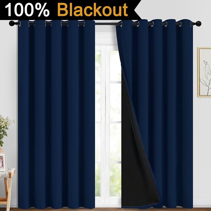 Yakamok Navy Blue 100% Blackout Curtains 84 Inches Long 70" Wide, 2 Panels | Blackout Curtain Panels for Bedroom, 2 Thick Layers Grommet Top Thermal Insulated Drapes with Black Liner for Living Room
