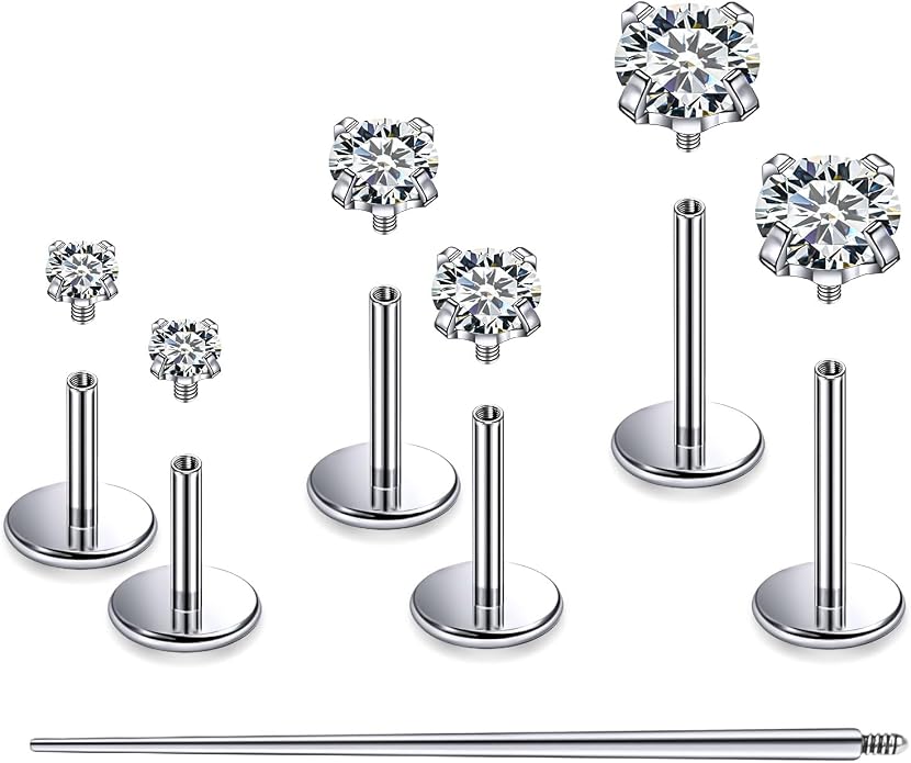 F136 Titanium 20/18/16G Internally Threaded Flat Back Stud Earrings Nose Rings Lip Medusa Monroe Labret 6/8/10mm Short/Long Bar Piercing Jewelry with Taper for Women Men