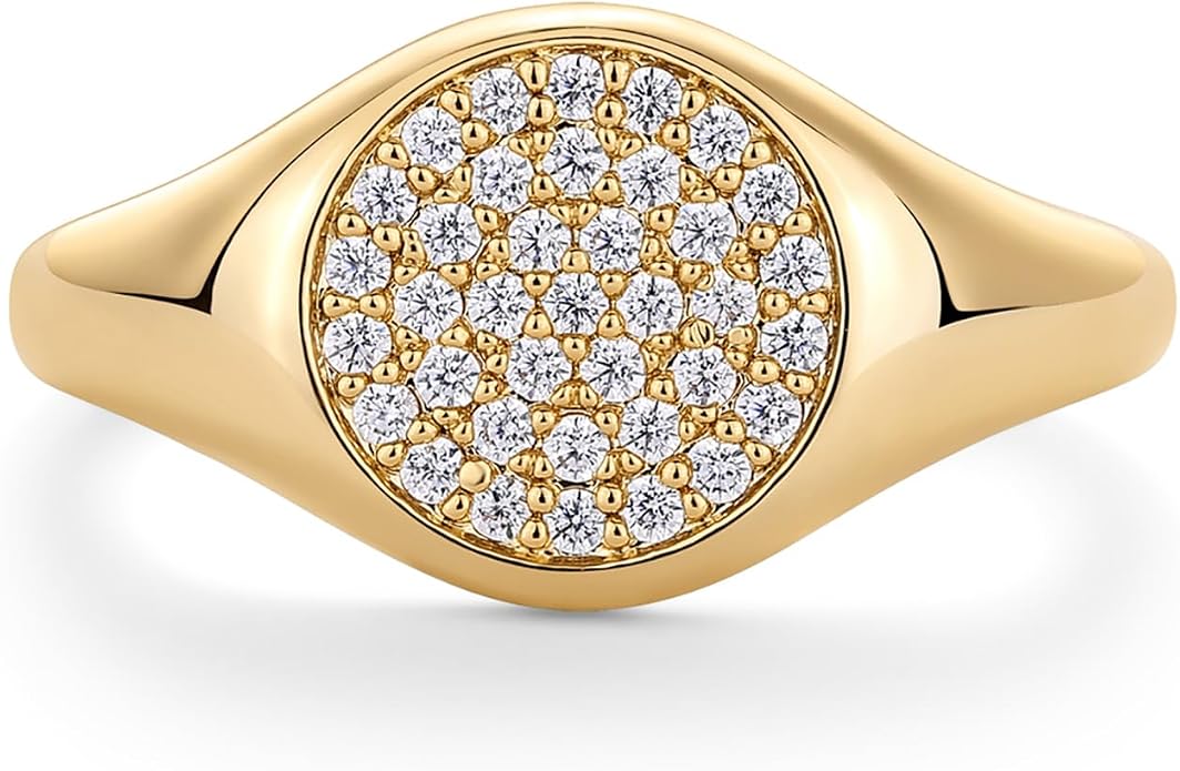 PAVOI 14K Gold Plated Signet Ring for Women - Pinky Ring with Round Cubic Zirconia - Dainty Lightweight Thin Statement Jewelry