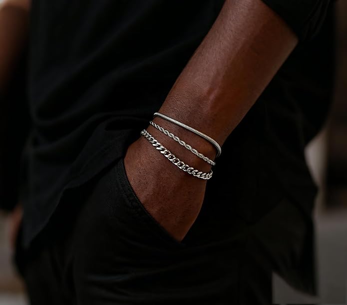 Mens Bracelet - Dainty Gold/Silver Chain Bracelet Stack 14K Gold Plated Silver Bracelets for Men Stainless Steel Adjustable Cross Charm Cuban Link Bracelet Snake Jewelry Set to Men Dad Birthday Day