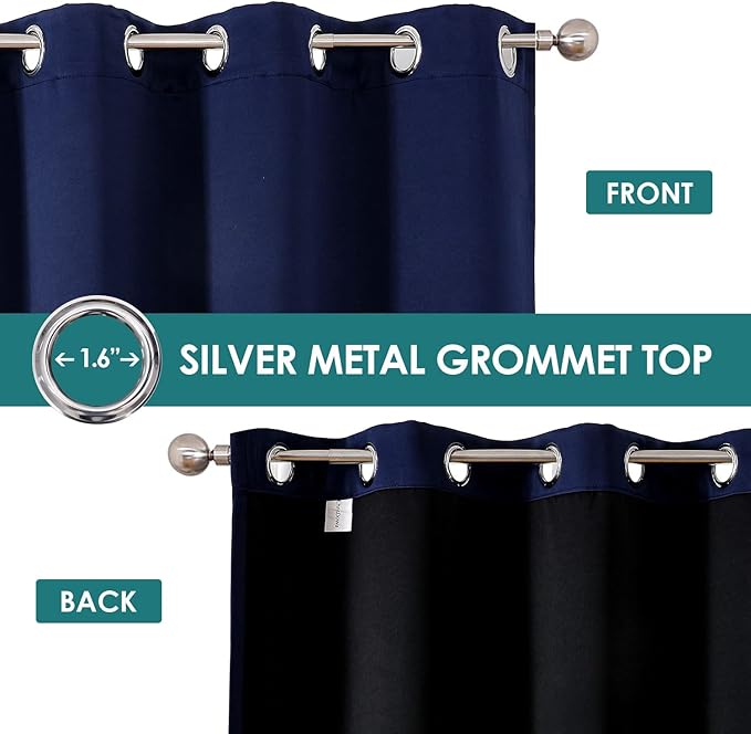 ChrisDowa 100% Blackout Curtains for Bedroom 2 Panels Set with Black Liner | 2 Thick Layers, Thermal Insulated, Light Blocking, Grommet, Window Treatment, Living Room Drapes, Navy Blue, 52 x 45 Inch