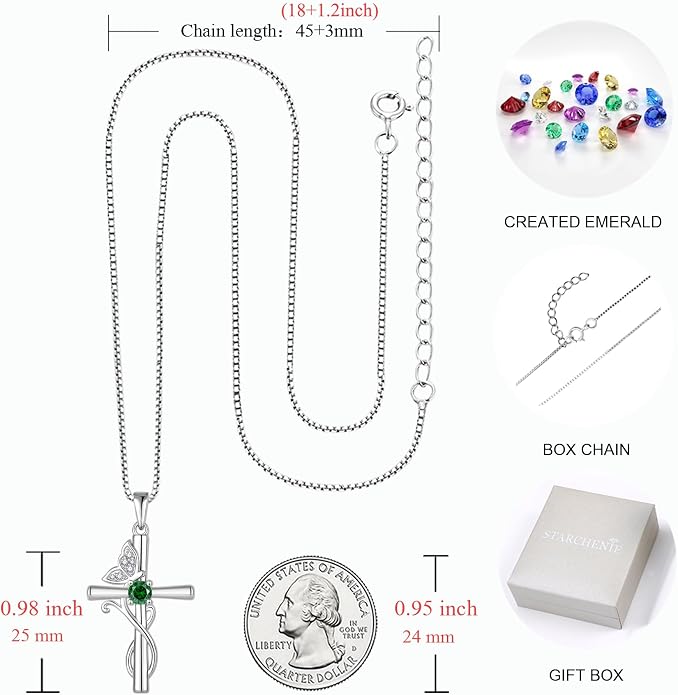 STARCHENIE Butterfly Cross Necklace 925 Sterling Silver Crucifix Pendant Birthstone Jewelry for Women