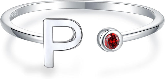 925 Sterling Silver Initial Letter Birthstone Rings for Women Adjustable 1-12 Month Birthstone Alphabet Stacking Ring for Teens Girls Stackable Birthstone Rings Birthday Jewelry Gift for Daughter Mom