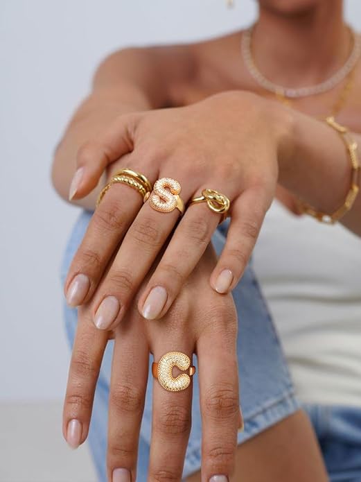 FindChic Initial Ring for Women, Gold Plated Chunky Letter Rings Open Adjustable Trendy Sparkling Cubic Zirconia Personalized Statement Rings Jewelry Gift