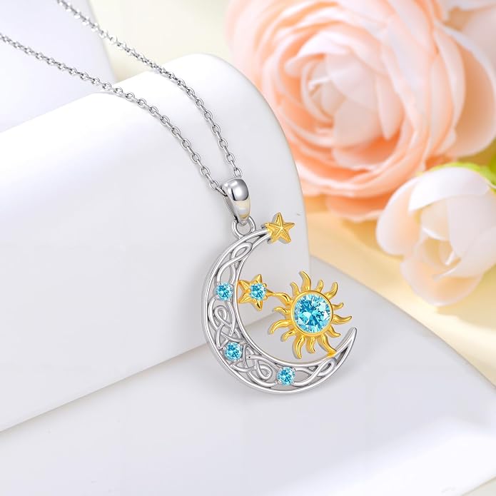 PELOVNY Sun and Moon Necklace for Women 925 Sterling Silver Sun Moon Star Birthstone Pendant Necklaces Birthday Christmas Jewelry Gifts for Mom Daughter Wife Sister