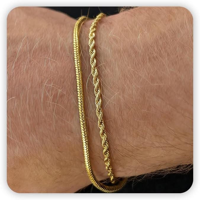 Gold Bracelets for Men Trendy - Dainty Gold Plated Stainless Steel Snake Link Bracelet Stack Rope Figaro Herringbone Chain Bracelets Set Adjustable Cuban Link Bracelet for Men Birthday Gifts for Man