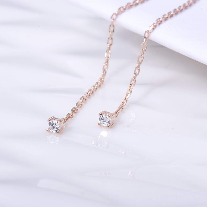 S.Leaf Gold Chain Threader Earrings for Women Trendy 925 Sterling Silver Hypoallergenic Cubic Zirconia Backless Ardant Chain Duster Threader Double Piercing Pull Through Earrings for Women Girls Birthday Gifts