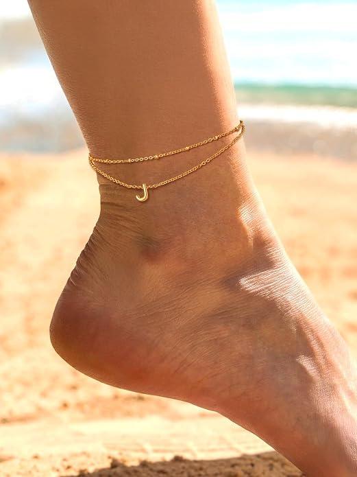FaithHeart Initial Ankle Bracelets for Women, Waterproof 14k Gold Plated Initial Anklets Non Tarnish Stainless Steel Cute Layered Anklet Summer Beach Jewelry