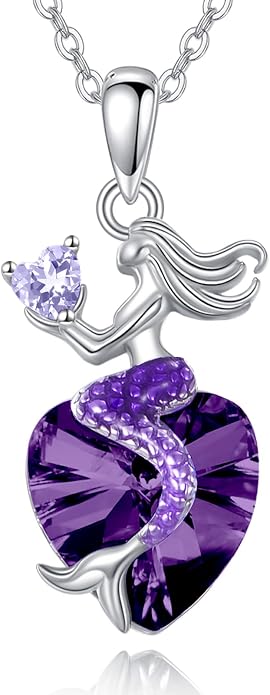 Mermaid Birthstone Necklace for Women 925 Sterling Silver Jewelry Austrian Crystal Pendant Christmas Gifts for Her