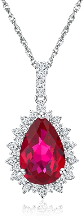 925 Sterling Silver Teardrop Necklace for Women Huge Created Gemstone Solitaire Halo Pendant Pear Cut Birthstone Necklace