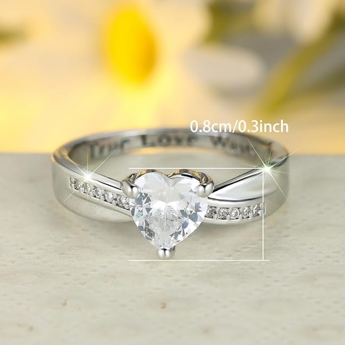 Women's Round Heart-shaped Zircon Ring with Inner Letter Engraving – Elegant Micro-Pavé Proposal Wedding Band, 0.8cm Solitaire Stone, White Gold Plated Brass
