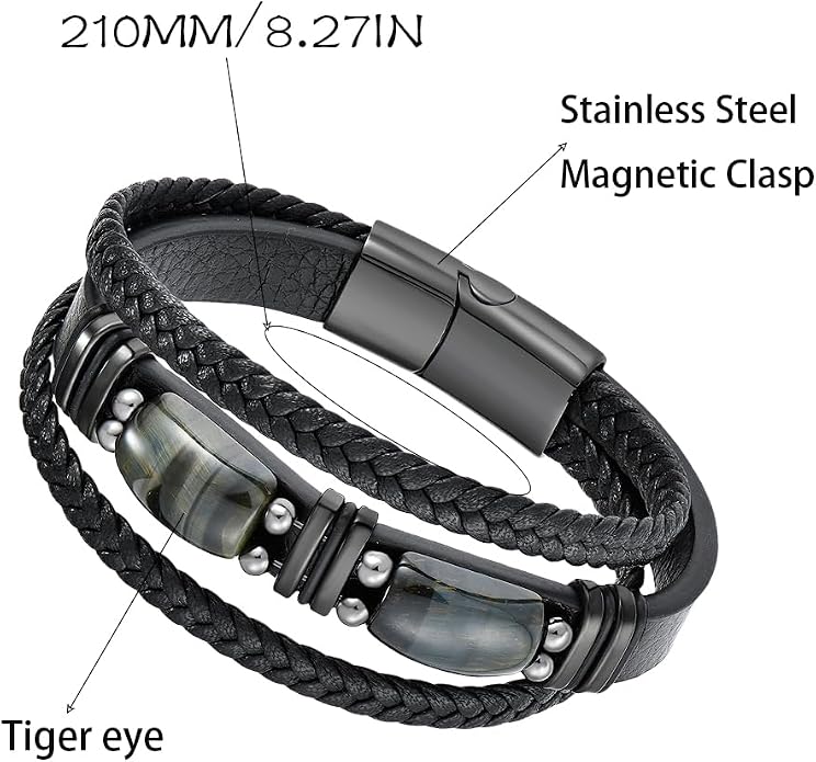 Mens Leather Bracelet Natural Tiger Eye Protection Multilayer Braided Wristband Bangle Gifts for Him