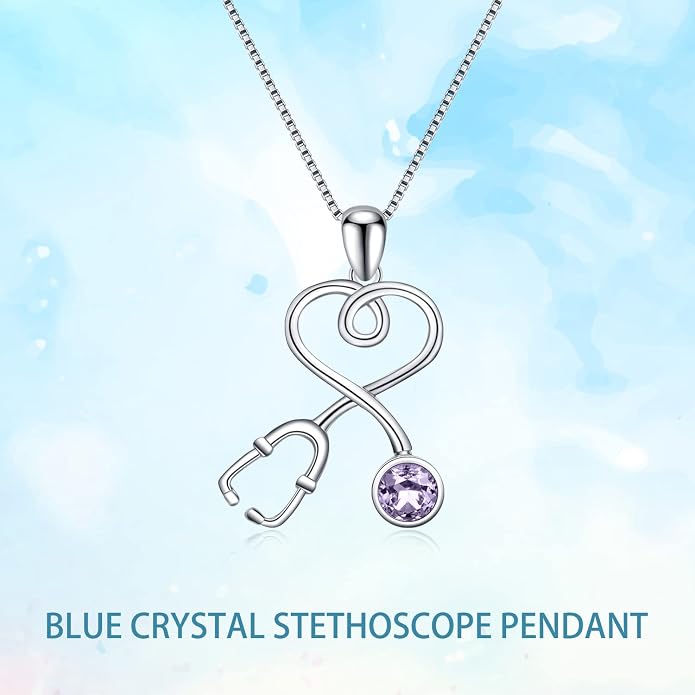 AOBOCO Stethoscope Necklace 925 Sterling Silver Embellished with 12 Months Birthstone Crystals from Austria, Graduation Gifts Medical Jewelry for Doctor Nurse Medical Student RN