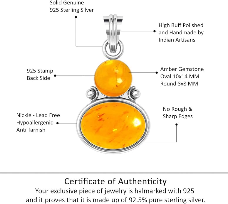 Handmade Genuine 925 Sterling Silver Pendant Necklace Natural Gemstone Crystal, Lapis, Onyx, Amber Oval Round Boho Jewelry For Women