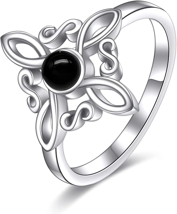 Witches Knot Rings 925 Sterling Silver Witch's Magical Knot Rings Black Onyx/Moonstone Pagan Jewelry Celtic Cross Jewelry for Women