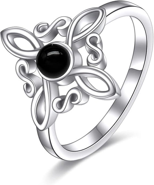 Witches Knot Rings 925 Sterling Silver Witch's Magical Knot Rings Black Onyx/Moonstone Pagan Jewelry Celtic Cross Jewelry for Women