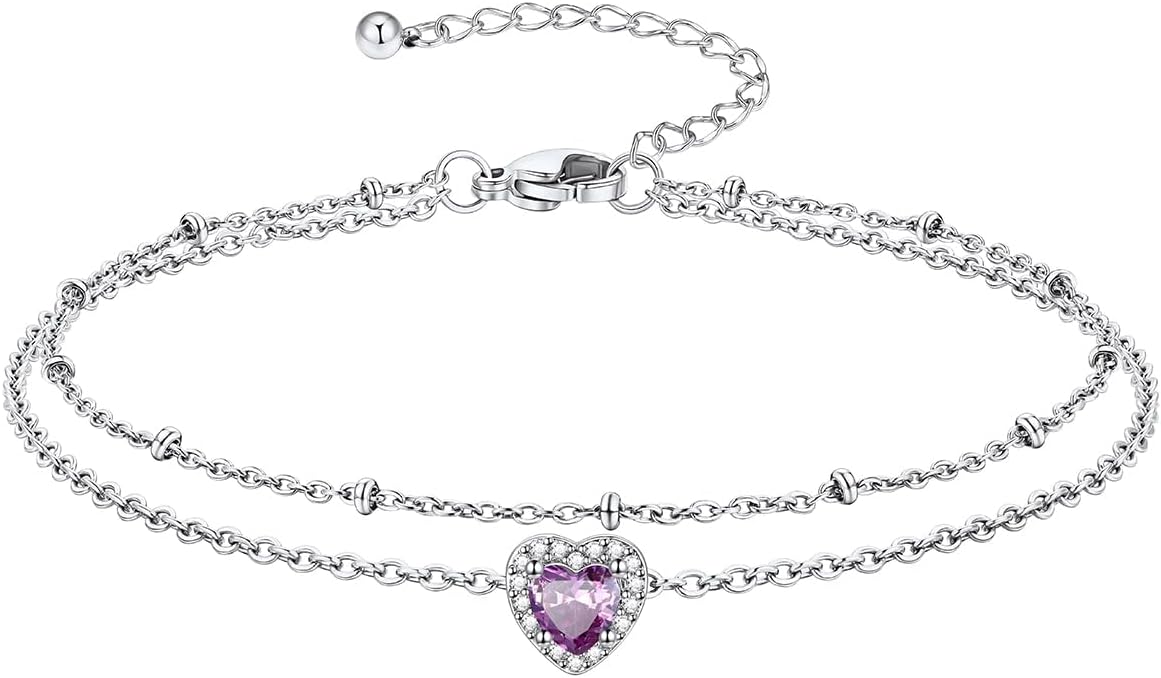 Richsteel Double Layer Heart/Butterfly Birthstone Anklet for Women Non Tarnish Waterproof, Silver/Gold/Black Stainless Steel 8.5-10.5 Inch Adjustable Chain Anklets Jewelry Gifts for Her