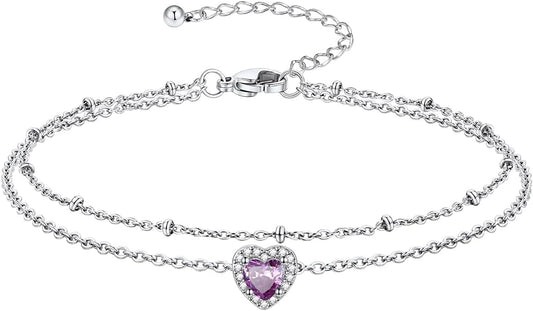 Richsteel Double Layer Heart/Butterfly Birthstone Anklet for Women Non Tarnish Waterproof, Silver/Gold/Black Stainless Steel 8.5-10.5 Inch Adjustable Chain Anklets Jewelry Gifts for Her