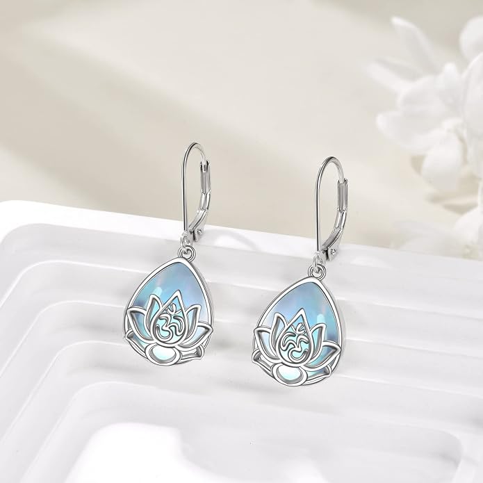 Lotus Earrings Sterling Silver Lotus Flower Dangle Drop Earrings Yoga Jewelry Gifts for Women