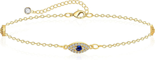 Silver/Gold Anklets for Women, Sterling Silver Evil Eye Ankle Bracelets for Women Trendy Dainty Waterproof Anklets Set Adjustable Layered Anklet Bracelets for Women Silver Jewelry Gift