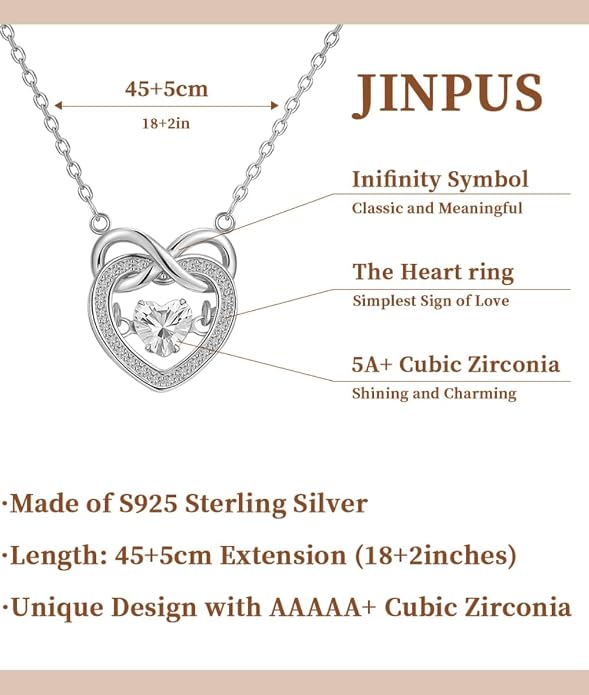 Trendy Dainty Infinity Birthstone Necklace, Dancing Heart 18K White Gold Plated 925 Sterling Silver Heart Necklace, Romantic Love Jewelry Graduation Gifts for Women Her