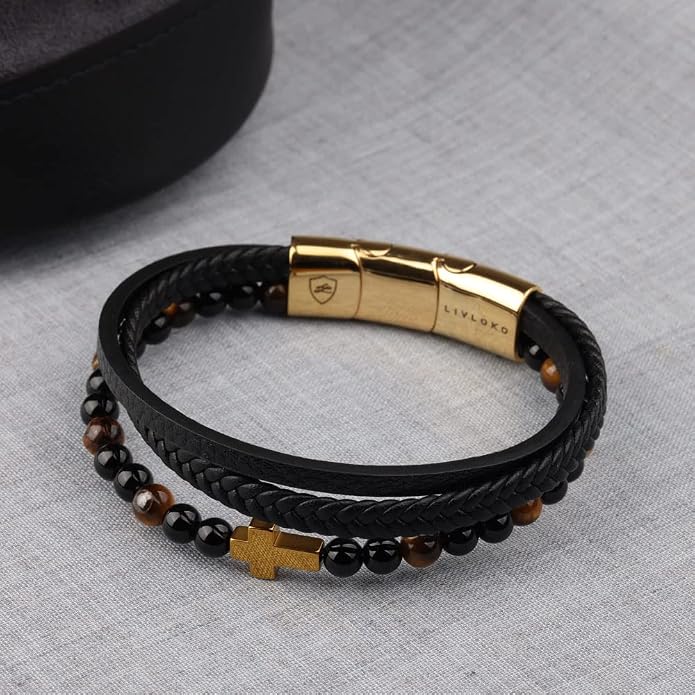 LONDON Mens Bracelet Leather Black Multi-Layer Stone Beads Adjustable Steel Clasp Viking Rope Bands Surfer Man Wristband Male UK Jewellery Gift box Boyfriend Dad Son Brother Tiger Eye
