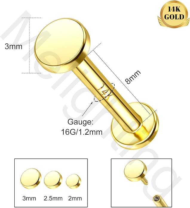 Melighting 14K Solid Gold Flat Back Cartilage Earring 16G Helix Piercing Jewelry Internally Threaded Labret 8mm