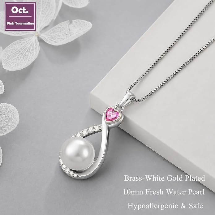 Heart Birthstone Pearl Pendant Necklace, 925 Sterling Silver Infinity Necklace with 10mm Freshwater Cultured Pearl & 4mm Gemstone Jewelry for Women