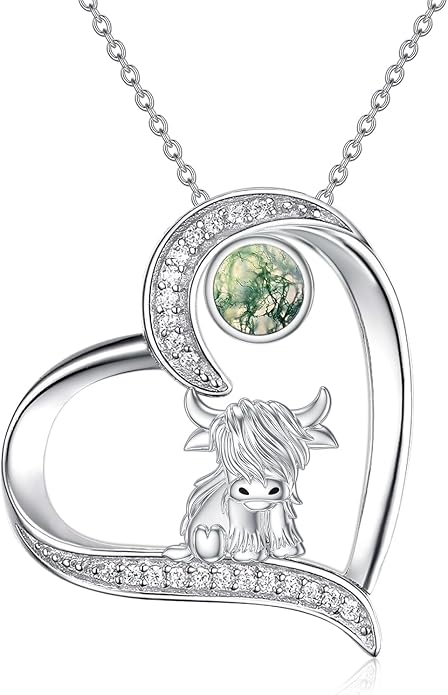 Highland Cow Gifts for Women 925 Sterling Silver Highland Cow Birthstone Necklace Fluffy Cow Jewelry Gifts Birthday Christmas