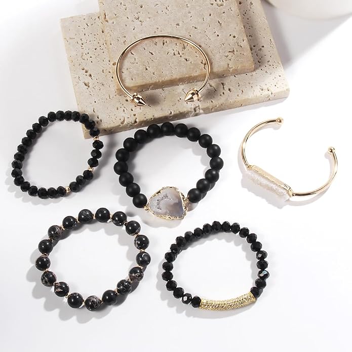 Yomisa 5PCS 6PCS Natural Boho Beaded Bracelets/Bangle for Women Men,Healing Turquoise Jasper Agate Crystal Gemstone Stone Chakra Multilayer Wrap Bohemian Handmade Jewelry Beads Stretch Bracelet Set