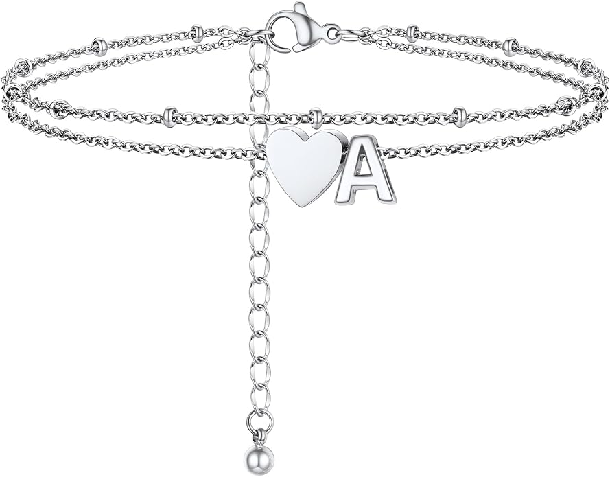 Initial Ankle Bracelets for Women, Dainty Stainless Steel Letter A-Z Layered Anklets, Heart Ankle Bracelet 8.5"-10.5" Adjustable, Summer Beach Jewelry, Come with Box